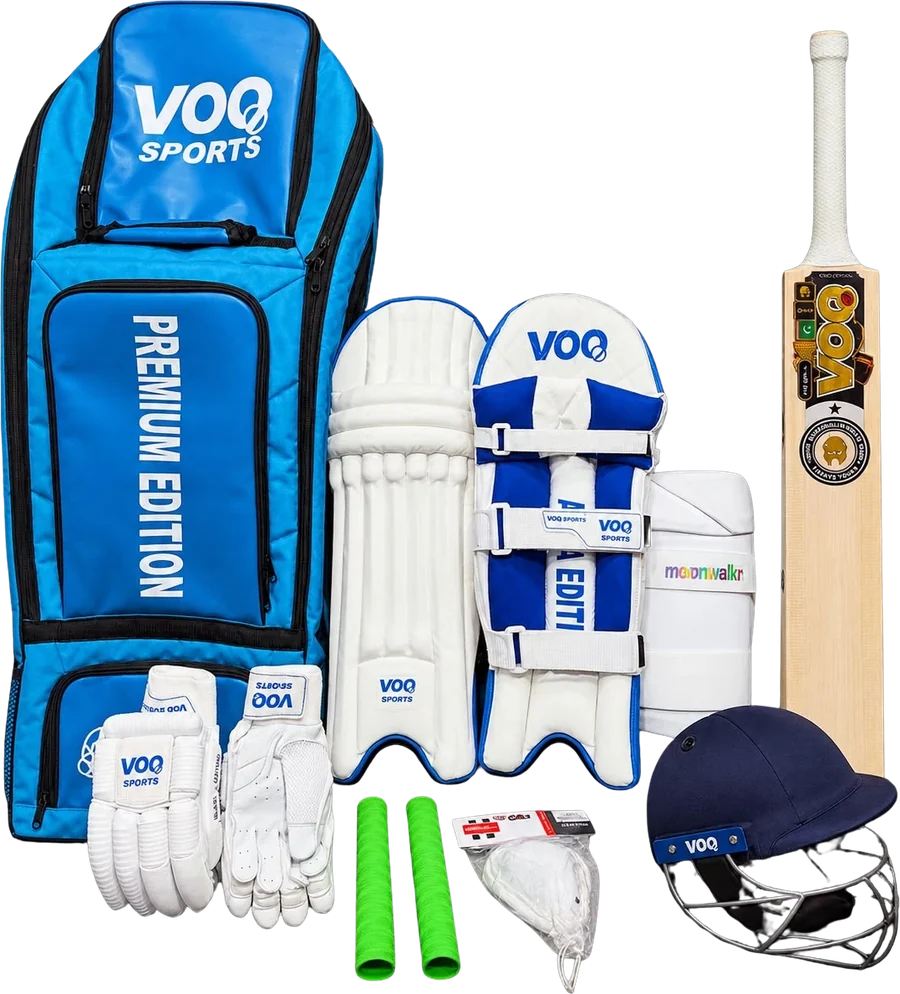 VOO Sports cricket bag, pads, gloves, helmet and bat