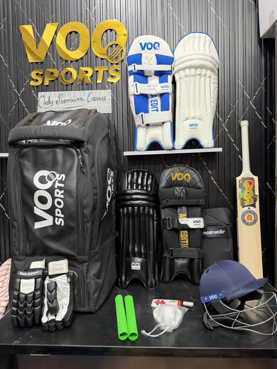 VOO Sports cricket bag, pads, gloves, helmet and bat